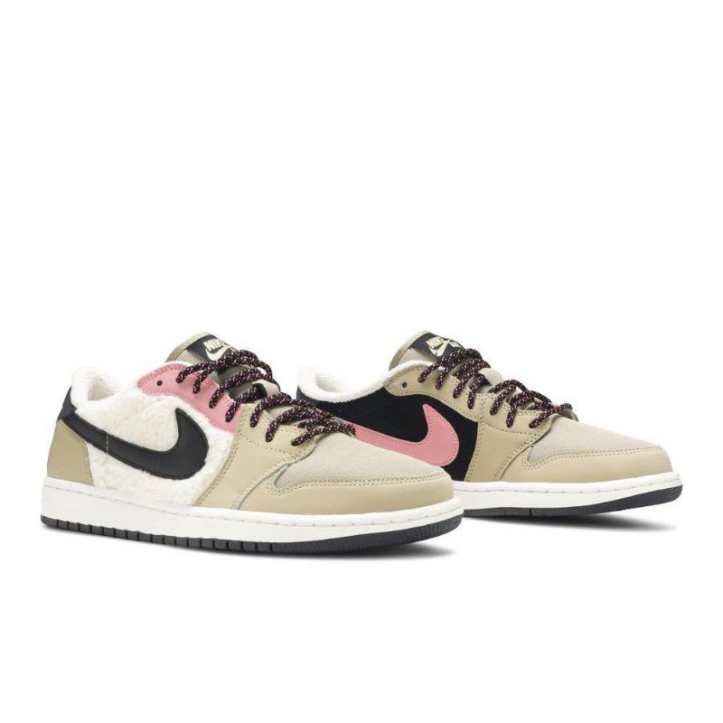 Γυναικεία Παπούτσια Air Jordan 1 Retro Low Fleece Μπεζ Μαύρα Ροζ Λευκά