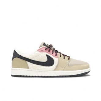 Γυναικεία Παπούτσια Air Jordan 1 Retro Low Fleece Μπεζ Μαύρα Ροζ Λευκά